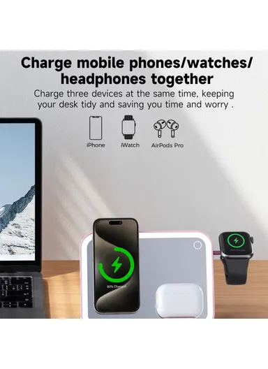 3-in-1 15W Wireless Charging Station with LED Makeup Mirror, Multifunctional Wireless Charging Set V22 - Pink
