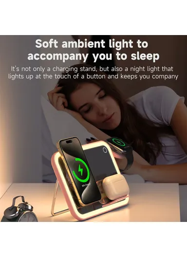 3-in-1 15W Wireless Charging Station with LED Makeup Mirror, Multifunctional Wireless Charging Set V22 - Pink