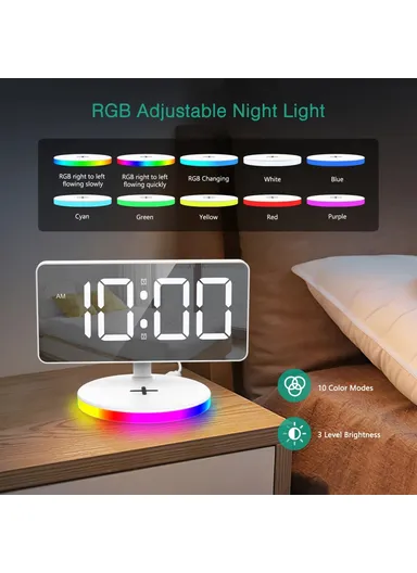 7.4-Inch 15W Mirror Surface Digital LED Clock, Multifunctional Phone Wireless Charger RGB Night Light Digital Alarm Clock TS-3001X-B (L17.5 x W11.7)cm - White