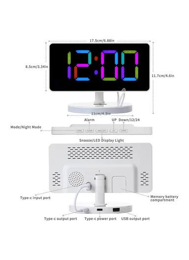 7.4-Inch 15W Mirror Surface Digital LED Clock, Multifunctional Phone Wireless Charger RGB Night Light Digital Alarm Clock TS-3001X-B (L17.5 x W11.7)cm - White