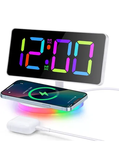 7.4-Inch 15W Mirror Surface Digital LED Clock, Multifunctional Phone Wireless Charger RGB Night Light Digital Alarm Clock TS-3001X-B (L17.5 x W11.7)cm - White