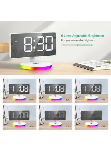7.4-Inch 15W Mirror Surface Digital LED Clock, Multifunctional Phone Wireless Charger RGB Night Light Digital Alarm Clock TS-3001X-B (L17.5 x W11.7)cm - White