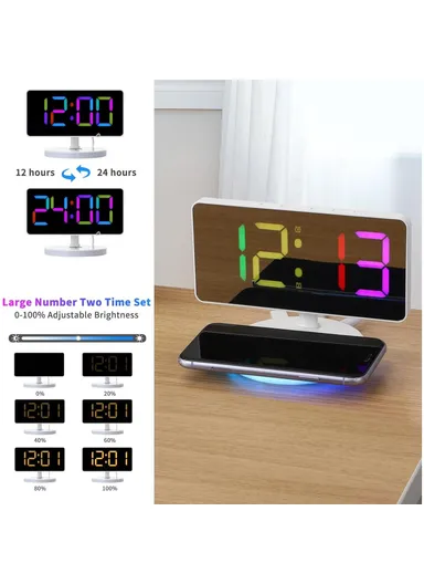7.4-Inch 15W Mirror Surface Digital LED Clock, Multifunctional Phone Wireless Charger RGB Night Light Digital Alarm Clock TS-3001X-B (L17.5 x W11.7)cm - White
