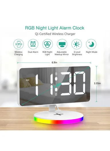 7.4-Inch 15W Mirror Surface Digital LED Clock, Multifunctional Phone Wireless Charger RGB Night Light Digital Alarm Clock TS-3001X-B (L17.5 x W11.7)cm - White