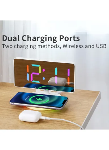 7.4-Inch 15W Mirror Surface Digital LED Clock, Multifunctional Phone Wireless Charger RGB Night Light Digital Alarm Clock TS-3001X-B (L17.5 x W11.7)cm - White