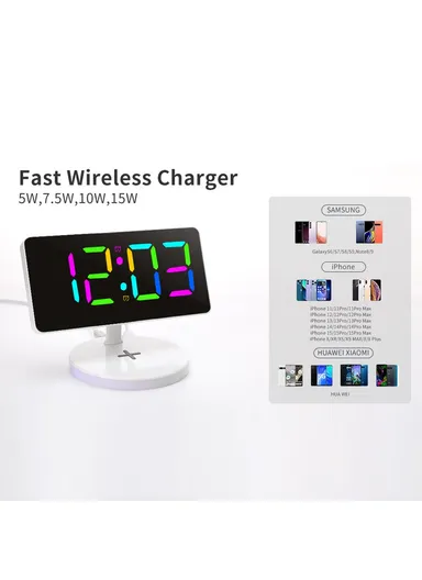 7.4-Inch 15W Mirror Surface Digital LED Clock, Multifunctional Phone Wireless Charger RGB Night Light Digital Alarm Clock TS-3001X-B (L17.5 x W11.7)cm - White