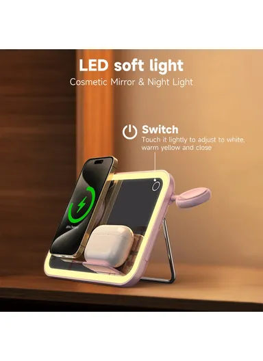 3-in-1 Compatible with MagSafe Wireless Charger with LED Makeup Mirror and Night Light V22 - Pink