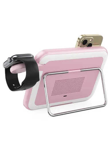 3-in-1 Compatible with MagSafe Wireless Charger with LED Makeup Mirror and Night Light V22 - Pink