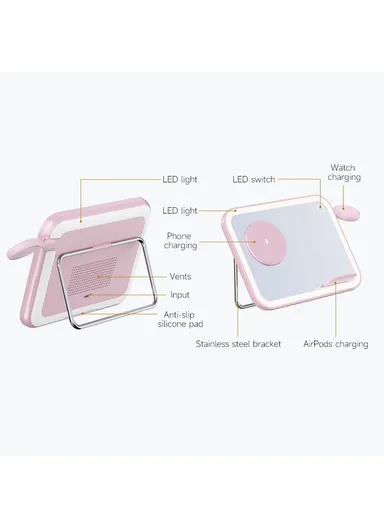 3-in-1 Compatible with MagSafe Wireless Charger with LED Makeup Mirror and Night Light V22 - Pink