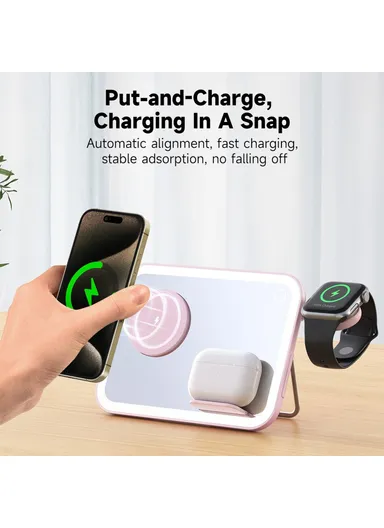 3-in-1 Compatible with MagSafe Wireless Charger with LED Makeup Mirror and Night Light V22 - Pink