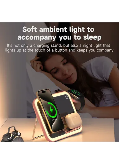 3-in-1 Compatible with MagSafe Wireless Charger with LED Makeup Mirror and Night Light V22 - Pink
