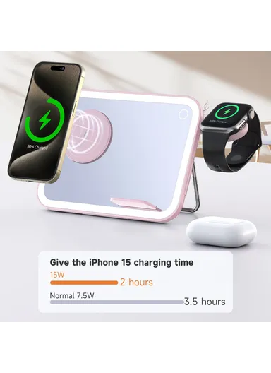 3-in-1 Compatible with MagSafe Wireless Charger with LED Makeup Mirror and Night Light V22 - Pink