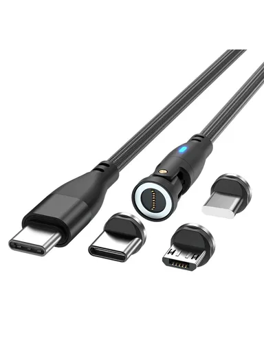 1m 3 in 1 iP / Micro / Type-C Magnetic Data Cable 540 Degree Rotation PD 60W Fast Charging Cord E9 - Black