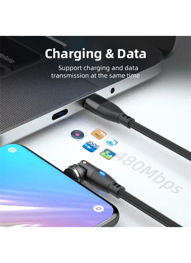 2m 540° Rotating USB-C to USB-C PD60W 9-Pin Magnetic Charging &amp; Data Cable, Nylon Braided Data Cable Charging Cable E9 - Black