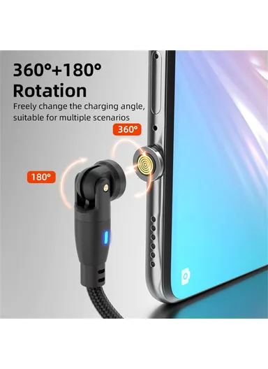 2m 540° Rotating USB-C to USB-C PD60W 9-Pin Magnetic Charging &amp; Data Cable, Nylon Braided Data Cable Charging Cable E9 - Black
