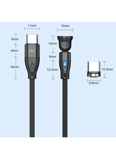 1m 60W 7-Pin Magnetic Charging Cable, 540-Degree Rotation Data &amp; Charging Cable E7 - Black