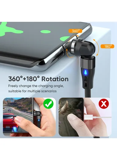 2m 60W 7-Pin Magnetic Charging Cable, 540-Degree Rotation Data &amp; Charging Cable E7 - Black