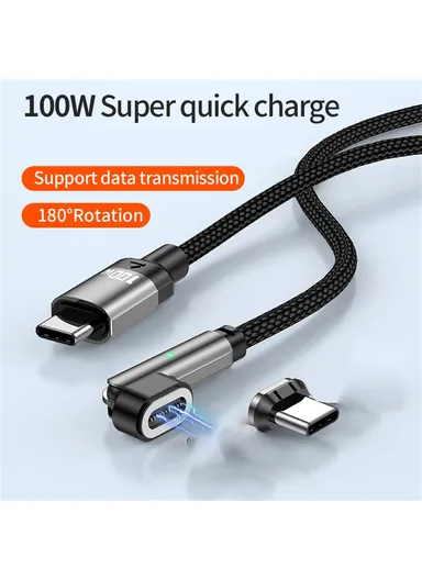 1m 100W 180 Degree Rotating L-Shaped Head Magnetic Cable, USB C to USB C Nylon Braided Data Cable with LED Indicator