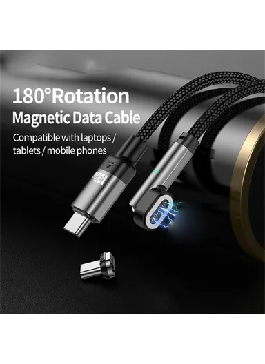 1m 100W 180 Degree Rotating L-Shaped Head Magnetic Cable, USB C to USB C Nylon Braided Data Cable with LED Indicator