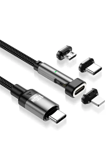 3-in-1 2m 27W / 100W 180 Degree Rotating L-Shaped Head Magnetic Cable, USB C to USB C, Micro, Lightning Nylon Braided Data Cable with LED Indicator