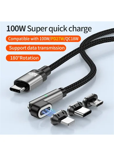 3-in-1 2m 27W / 100W 180 Degree Rotating L-Shaped Head Magnetic Cable, USB C to USB C, Micro, Lightning Nylon Braided Data Cable with LED Indicator