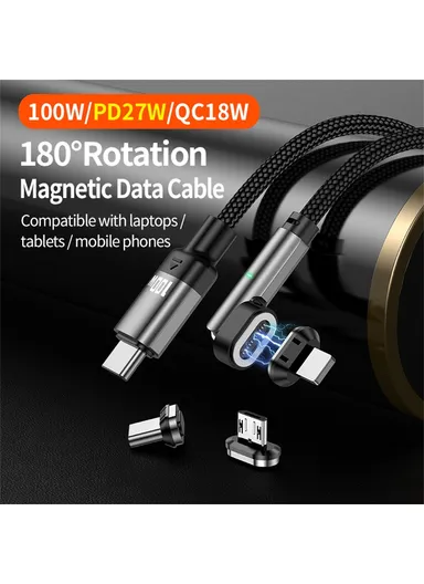 3-in-1 2m 27W / 100W 180 Degree Rotating L-Shaped Head Magnetic Cable, USB C to USB C, Micro, Lightning Nylon Braided Data Cable with LED Indicator