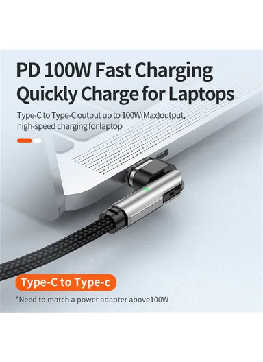 3-in-1 2m 27W / 100W 180 Degree Rotating L-Shaped Head Magnetic Cable, USB C to USB C, Micro, Lightning Nylon Braided Data Cable with LED Indicator