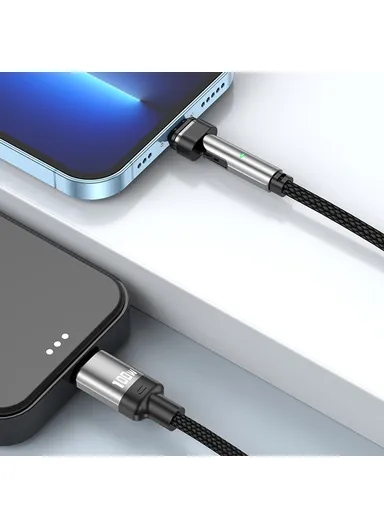 3-in-1 2m 27W / 100W 180 Degree Rotating L-Shaped Head Magnetic Cable, USB C to USB C, Micro, Lightning Nylon Braided Data Cable with LED Indicator