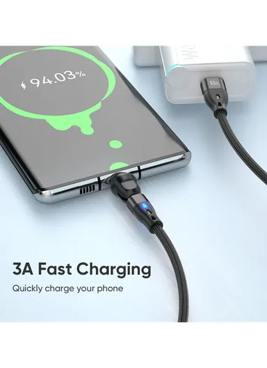 2m 3-in-1 Magnetic Charging Cable, 540 Degree Rotation USB-C Data &amp; Charging Cord E7 - Black