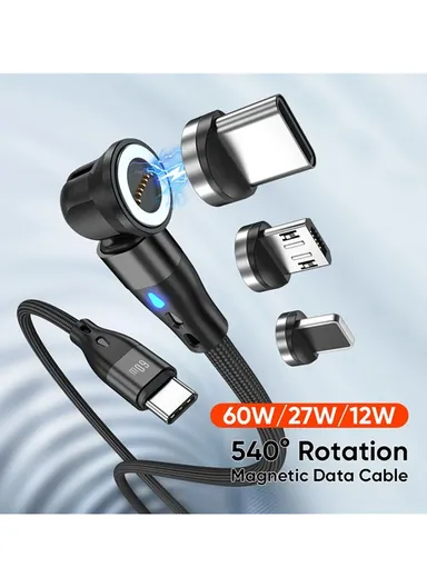 2m 3-in-1 Magnetic Charging Cable, 540 Degree Rotation USB-C Data &amp; Charging Cord E7 - Black