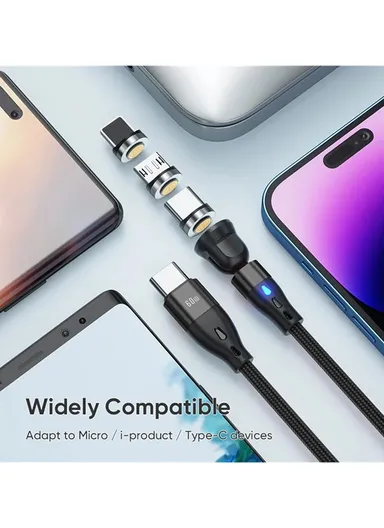 2m 3-in-1 Magnetic Charging Cable, 540 Degree Rotation USB-C Data &amp; Charging Cord E7 - Black