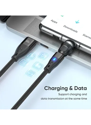 2m 3-in-1 Magnetic Charging Cable, 540 Degree Rotation USB-C Data &amp; Charging Cord E7 - Black