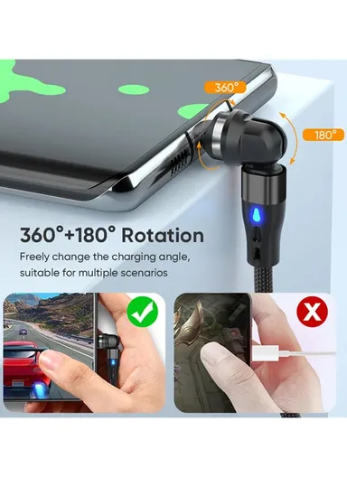 2m 3-in-1 Magnetic Charging Cable, 540 Degree Rotation USB-C Data &amp; Charging Cord E7 - Black