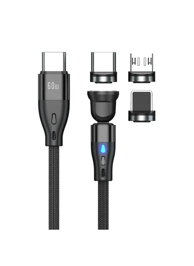 1m 3-in-1 Magnetic Charging Cable, 540 Degree Rotation USB-C Data &amp; Charging Cord E7 - Black