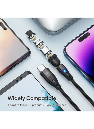 1m 3-in-1 Magnetic Charging Cable, 540 Degree Rotation USB-C Data &amp; Charging Cord E7 - Black