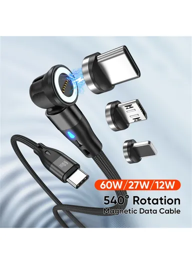 1m 3-in-1 Magnetic Charging Cable, 540 Degree Rotation USB-C Data &amp; Charging Cord E7 - Black