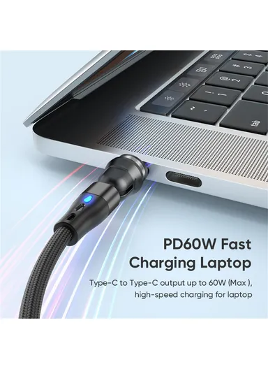 1m 3-in-1 Magnetic Charging Cable, 540 Degree Rotation USB-C Data &amp; Charging Cord E7 - Black
