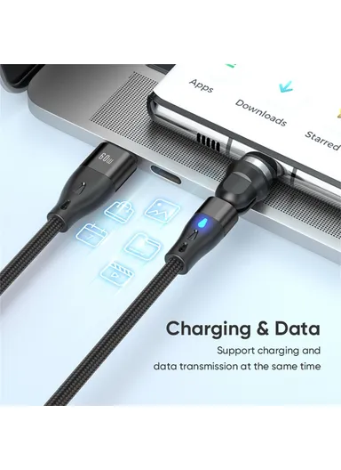 1m 3-in-1 Magnetic Charging Cable, 540 Degree Rotation USB-C Data &amp; Charging Cord E7 - Black