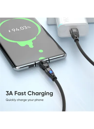 1m 3-in-1 Magnetic Charging Cable, 540 Degree Rotation USB-C Data &amp; Charging Cord E7 - Black
