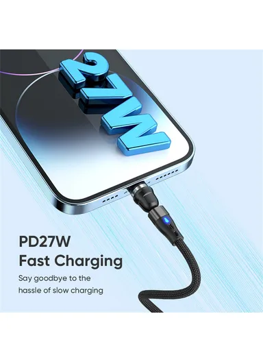 1m 3-in-1 Magnetic Charging Cable, 540 Degree Rotation USB-C Data &amp; Charging Cord E7 - Black