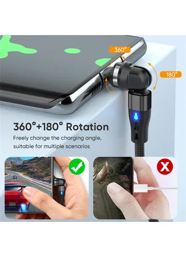 1m 3-in-1 Magnetic Charging Cable, 540 Degree Rotation USB-C Data &amp; Charging Cord E7 - Black