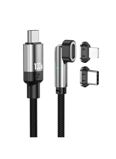 2m 3-in-1 Magnetic Charging Cable Type-C to Type-C + 8 Pin PD 100W / 27W, Nylon Braided Rotation Data Cord