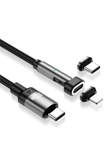 2m 3-in-1 Magnetic Charging Cable Type-C to Type-C + 8 Pin PD 100W / 27W, Nylon Braided Rotation Data Cord