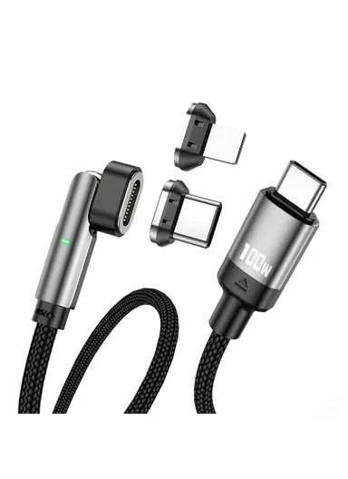 2m 3-in-1 Magnetic Charging Cable Type-C to Type-C + 8 Pin PD 100W / 27W, Nylon Braided Rotation Data Cord
