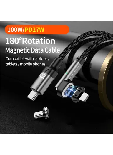 2m 3-in-1 Magnetic Charging Cable Type-C to Type-C + 8 Pin PD 100W / 27W, Nylon Braided Rotation Data Cord