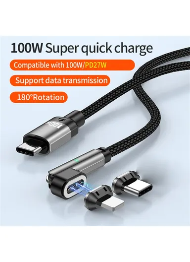 2m 3-in-1 Magnetic Charging Cable Type-C to Type-C + 8 Pin PD 100W / 27W, Nylon Braided Rotation Data Cord