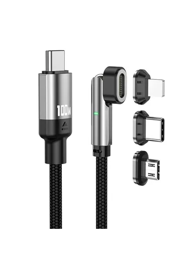 1m 3-in-1 Magnetic Charging Cable Type-C to PD 100W Type-C + 18W Micro + 27W 8 Pin Nylon Braided Cord