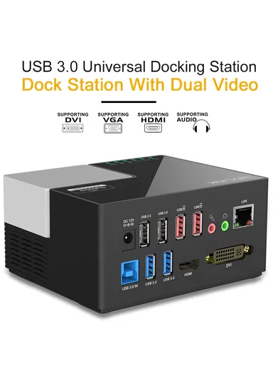 USB 3.0 Hub Fast Charging Gigabit Ethernet, Dual Display Video Dock with DVI / HD WL-UG39DK3 (L12.6 x W10.5 x H6.5)cm - EU Plug