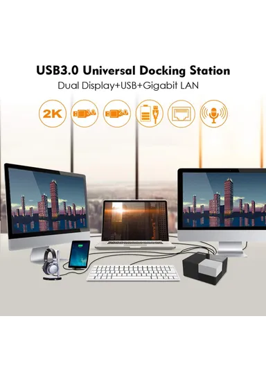 USB 3.0 Hub Fast Charging Gigabit Ethernet, Dual Display Video Dock with DVI / HD WL-UG39DK3 (L12.6 x W10.5 x H6.5)cm - EU Plug