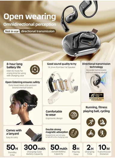 OWS Air Conduction Earphones Bluetooth-compatible 5.4 Wireless Open Earbuds Openbuds P10 - Ivory White